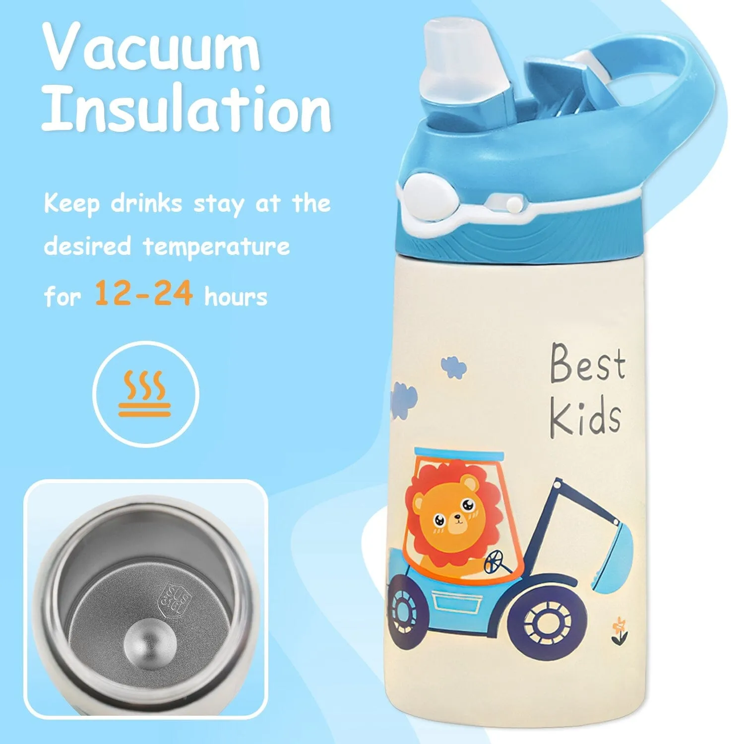 13.50oz. Insulated Stainless Steel Water Bottle Leak-proof with Straw Push Button Lock Switch