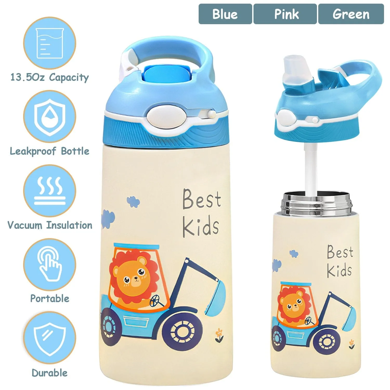 13.50oz. Insulated Stainless Steel Water Bottle Leak-proof with Straw Push Button Lock Switch