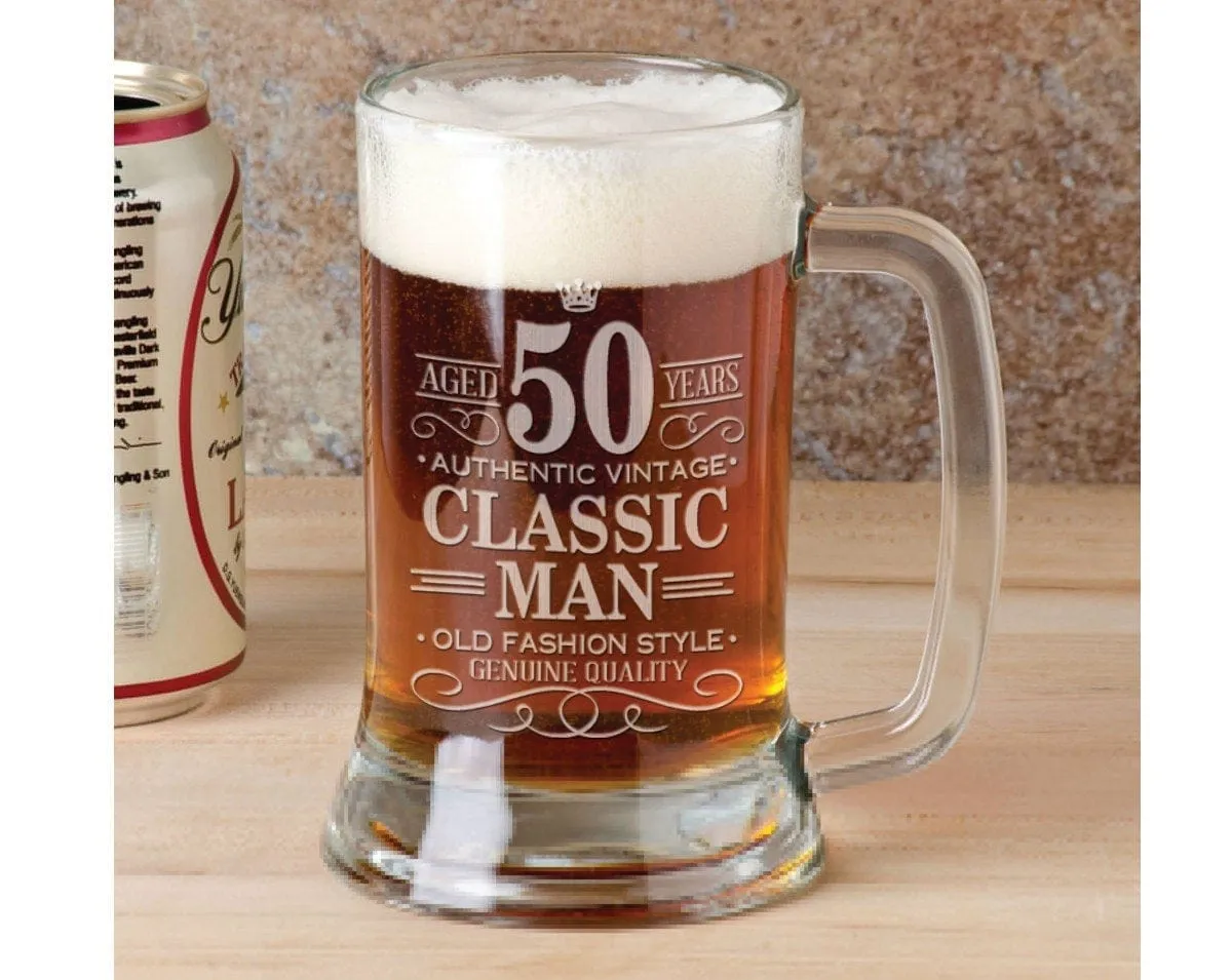 50th Birthday Classic Man 16Oz Beer Mug Stein Glass Engraved Father Gift Idea Etched Birthday Gift from Son Daugther Present