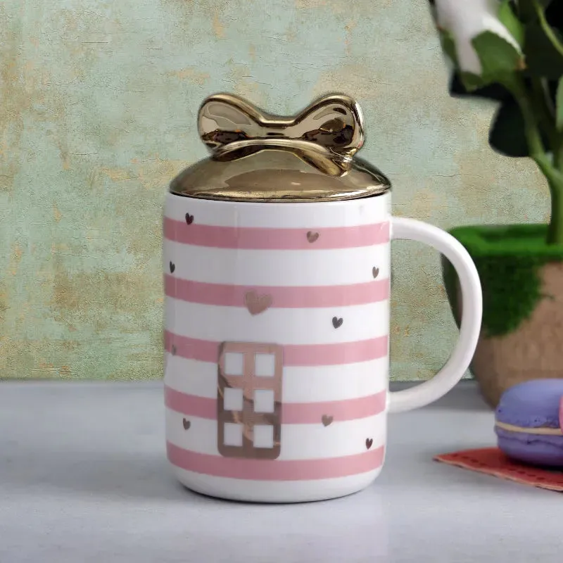 Adorable Striped Door Mug with Bow Lid | 350 ml | Multiple Colors