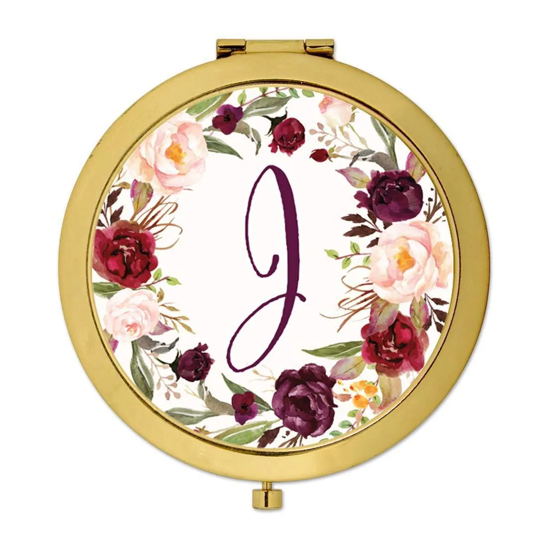 Andaz Press Marsala Burgundy Maroon Flowers on White Monogram Gold Compact Mirror