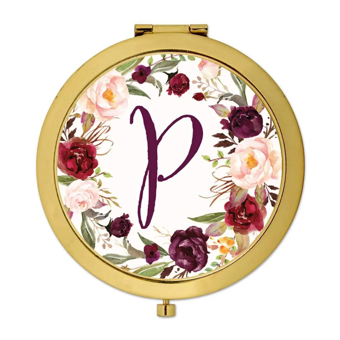 Andaz Press Marsala Burgundy Maroon Flowers on White Monogram Gold Compact Mirror