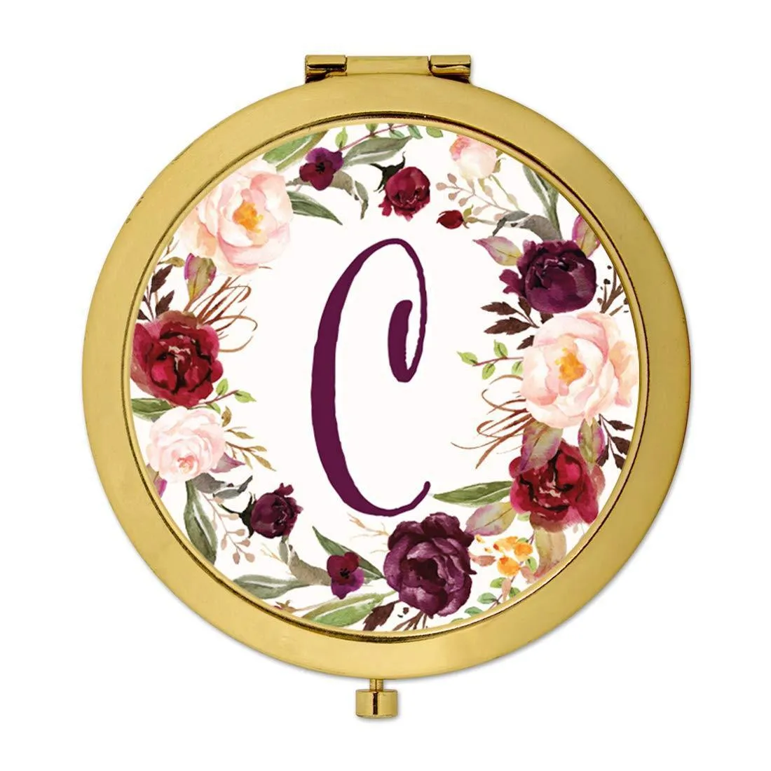 Andaz Press Marsala Burgundy Maroon Flowers on White Monogram Gold Compact Mirror