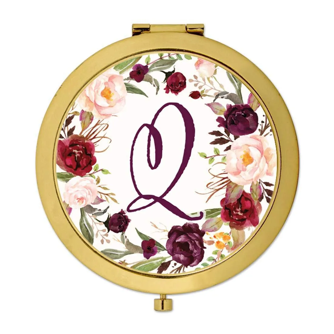 Andaz Press Marsala Burgundy Maroon Flowers on White Monogram Gold Compact Mirror