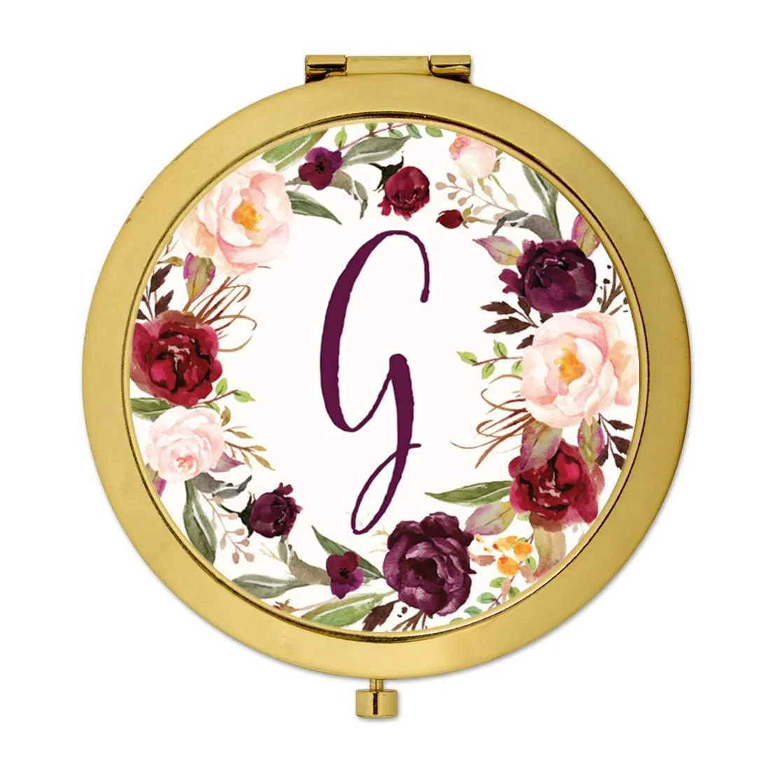 Andaz Press Marsala Burgundy Maroon Flowers on White Monogram Gold Compact Mirror