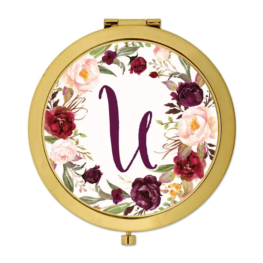 Andaz Press Marsala Burgundy Maroon Flowers on White Monogram Gold Compact Mirror