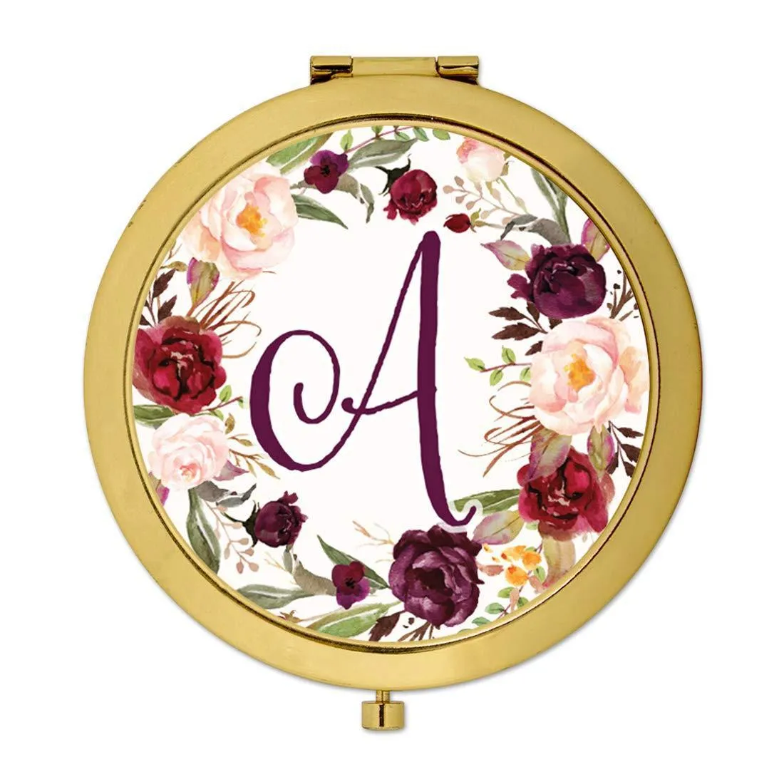 Andaz Press Marsala Burgundy Maroon Flowers on White Monogram Gold Compact Mirror