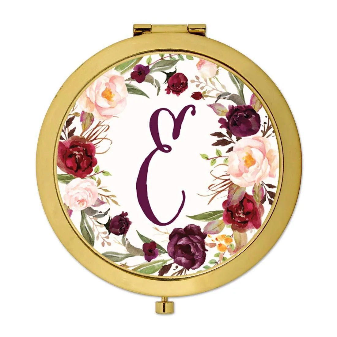 Andaz Press Marsala Burgundy Maroon Flowers on White Monogram Gold Compact Mirror