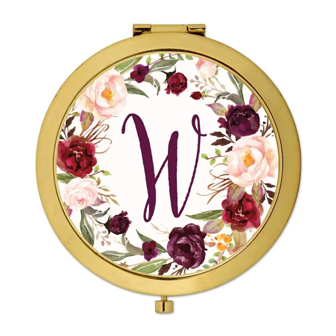 Andaz Press Marsala Burgundy Maroon Flowers on White Monogram Gold Compact Mirror