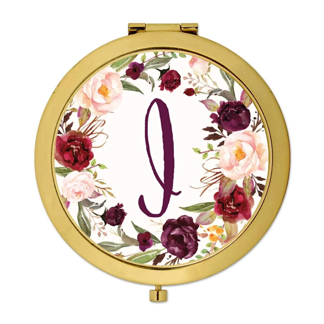 Andaz Press Marsala Burgundy Maroon Flowers on White Monogram Gold Compact Mirror