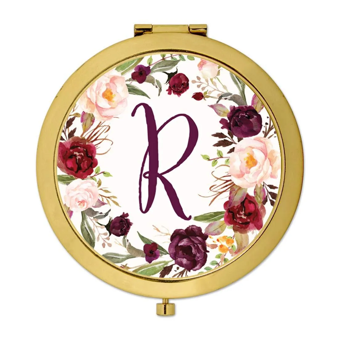 Andaz Press Marsala Burgundy Maroon Flowers on White Monogram Gold Compact Mirror