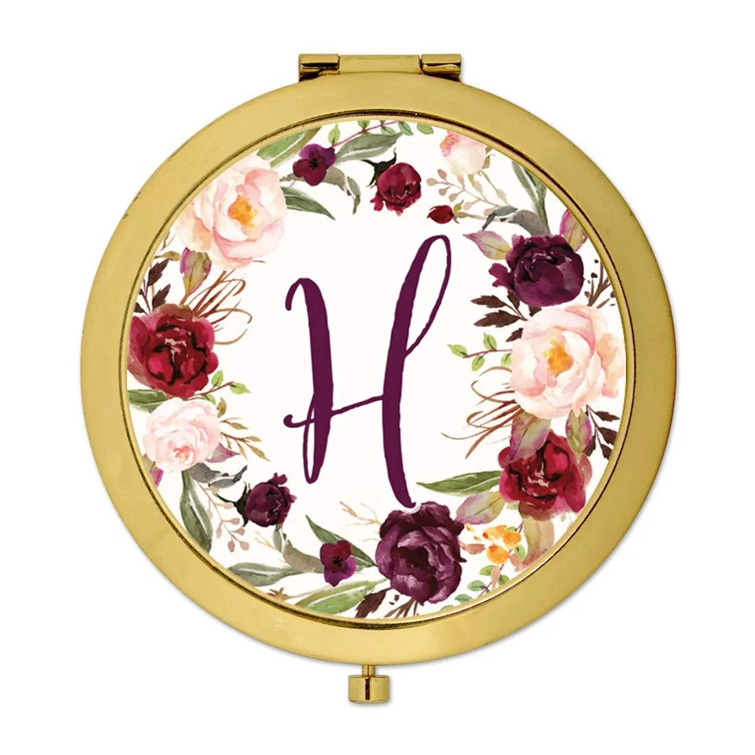 Andaz Press Marsala Burgundy Maroon Flowers on White Monogram Gold Compact Mirror