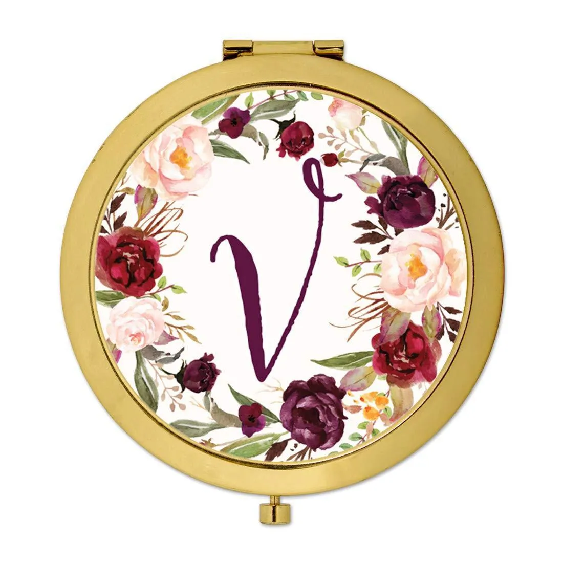 Andaz Press Marsala Burgundy Maroon Flowers on White Monogram Gold Compact Mirror