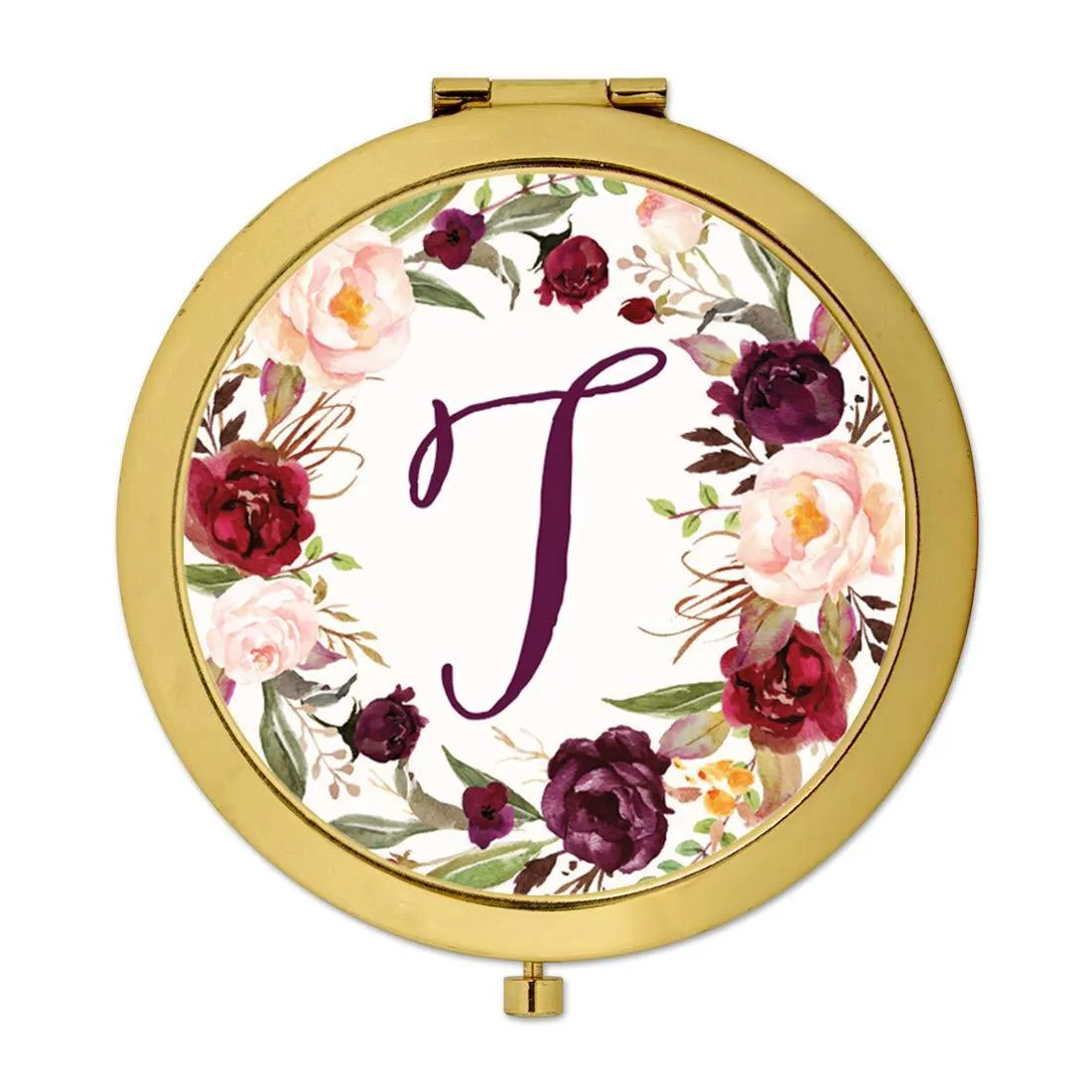 Andaz Press Marsala Burgundy Maroon Flowers on White Monogram Gold Compact Mirror