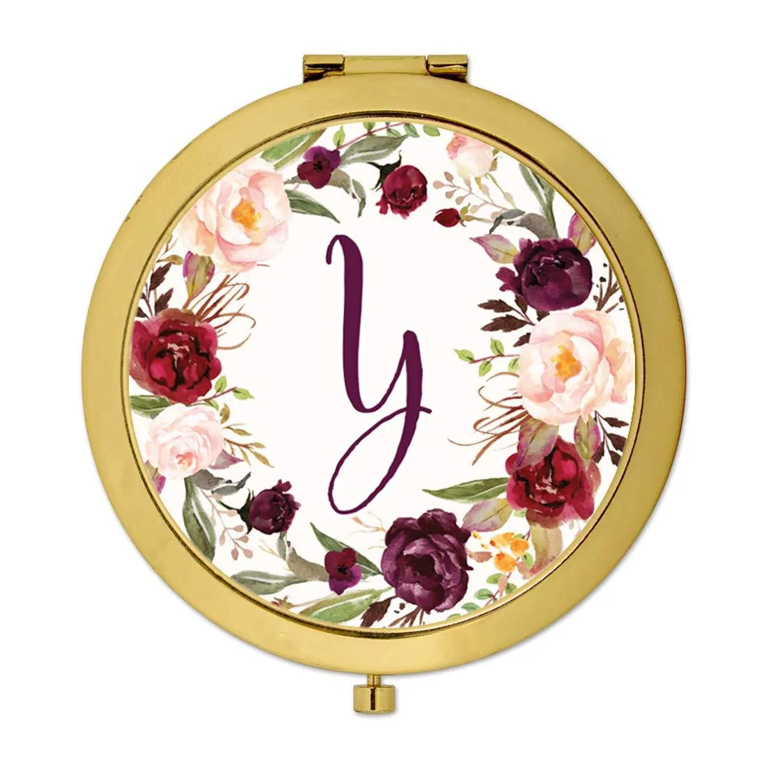 Andaz Press Marsala Burgundy Maroon Flowers on White Monogram Gold Compact Mirror