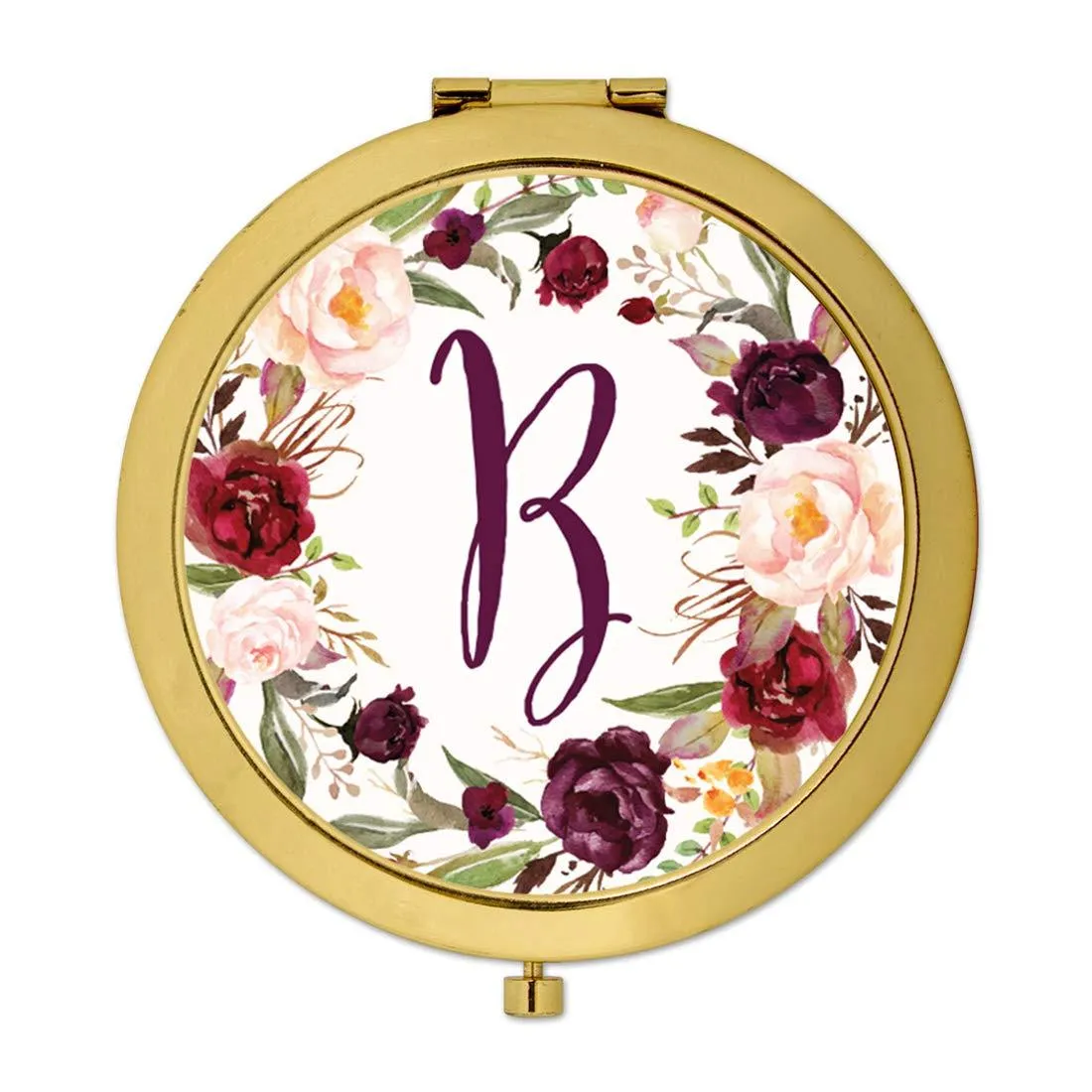 Andaz Press Marsala Burgundy Maroon Flowers on White Monogram Gold Compact Mirror