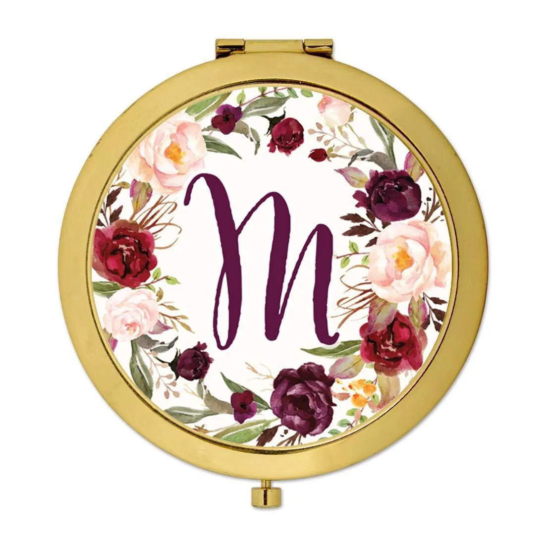 Andaz Press Marsala Burgundy Maroon Flowers on White Monogram Gold Compact Mirror