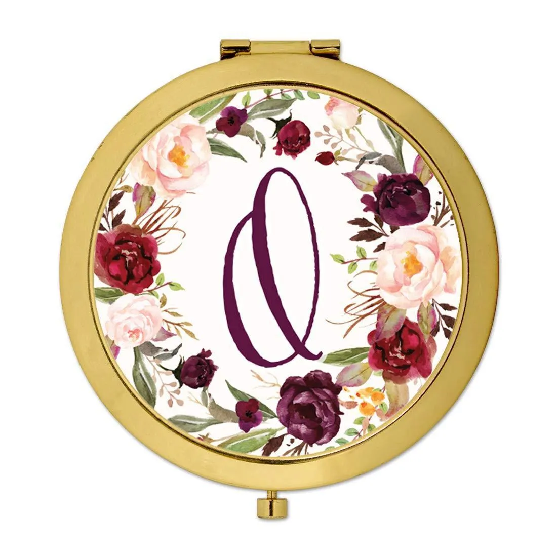 Andaz Press Marsala Burgundy Maroon Flowers on White Monogram Gold Compact Mirror