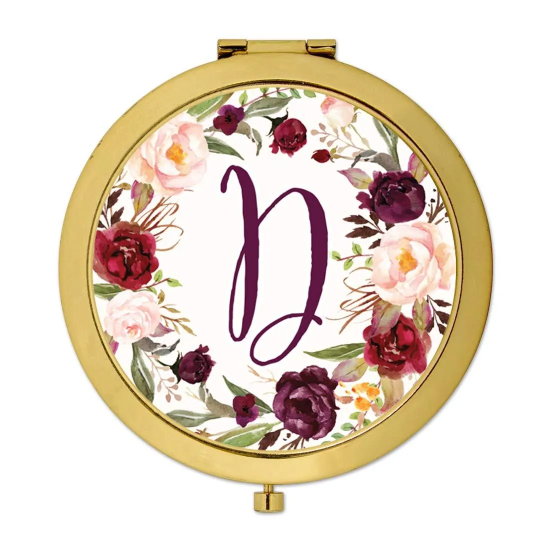 Andaz Press Marsala Burgundy Maroon Flowers on White Monogram Gold Compact Mirror