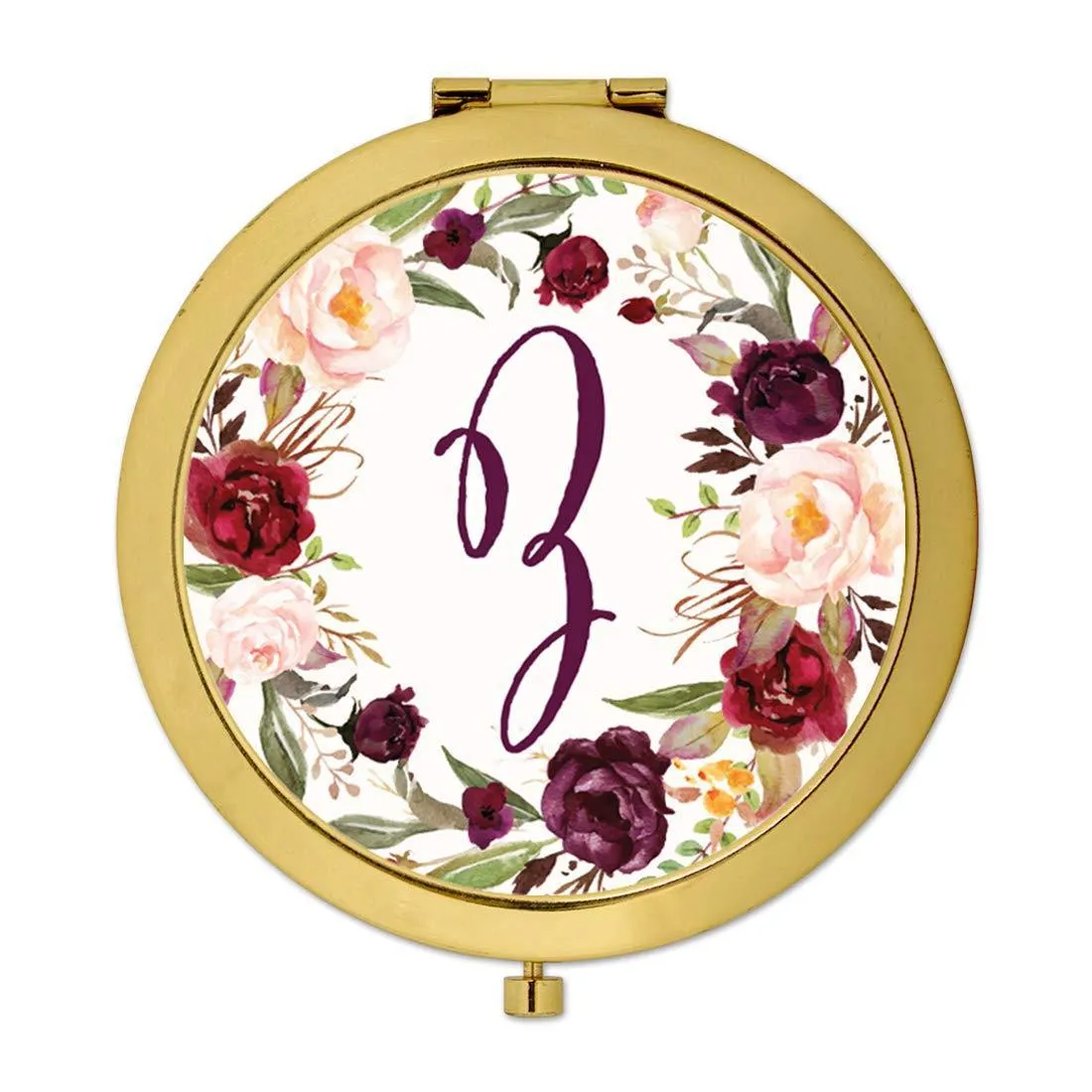 Andaz Press Marsala Burgundy Maroon Flowers on White Monogram Gold Compact Mirror