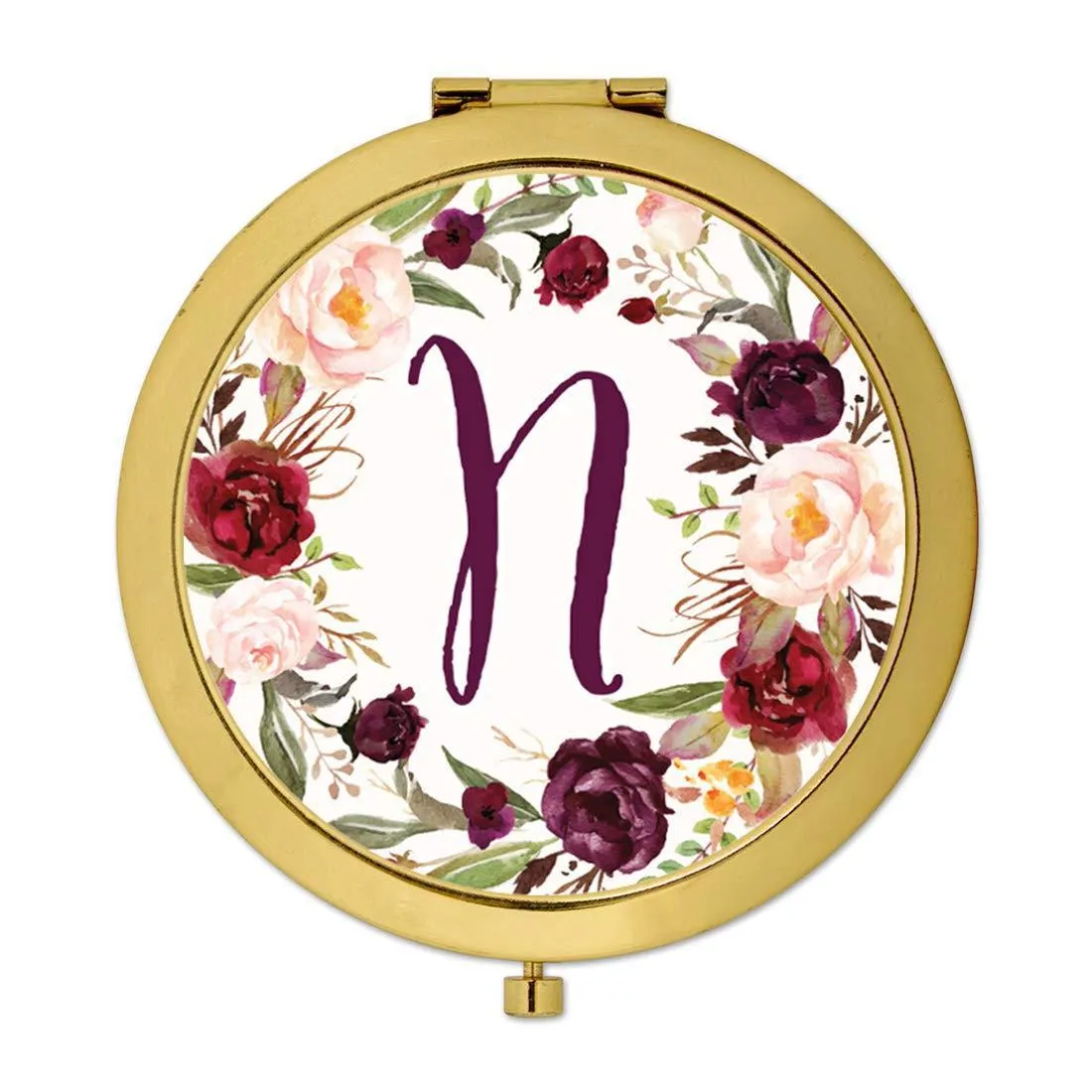 Andaz Press Marsala Burgundy Maroon Flowers on White Monogram Gold Compact Mirror