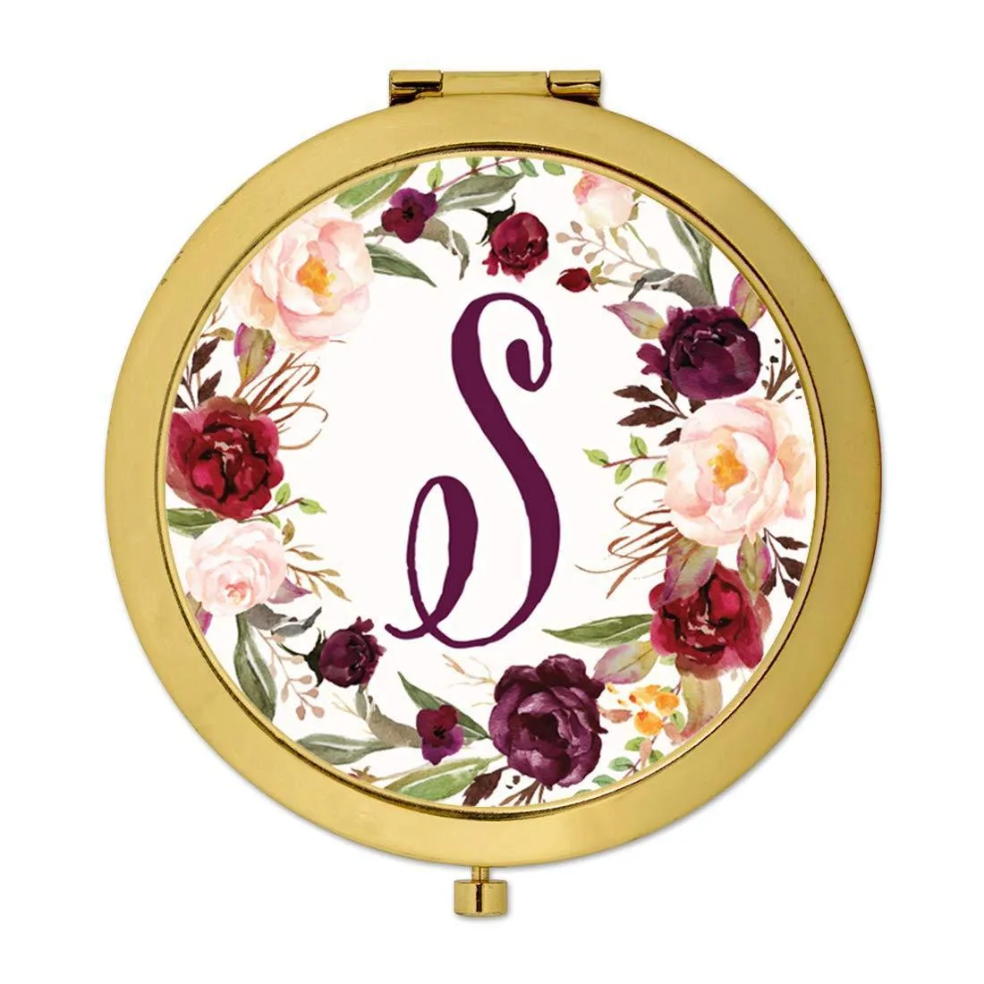 Andaz Press Marsala Burgundy Maroon Flowers on White Monogram Gold Compact Mirror