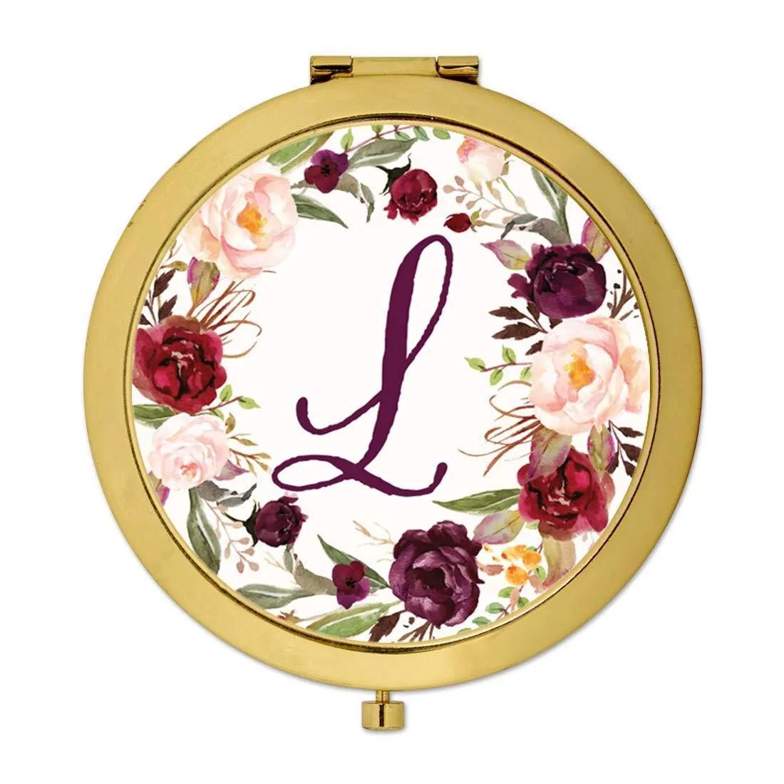 Andaz Press Marsala Burgundy Maroon Flowers on White Monogram Gold Compact Mirror