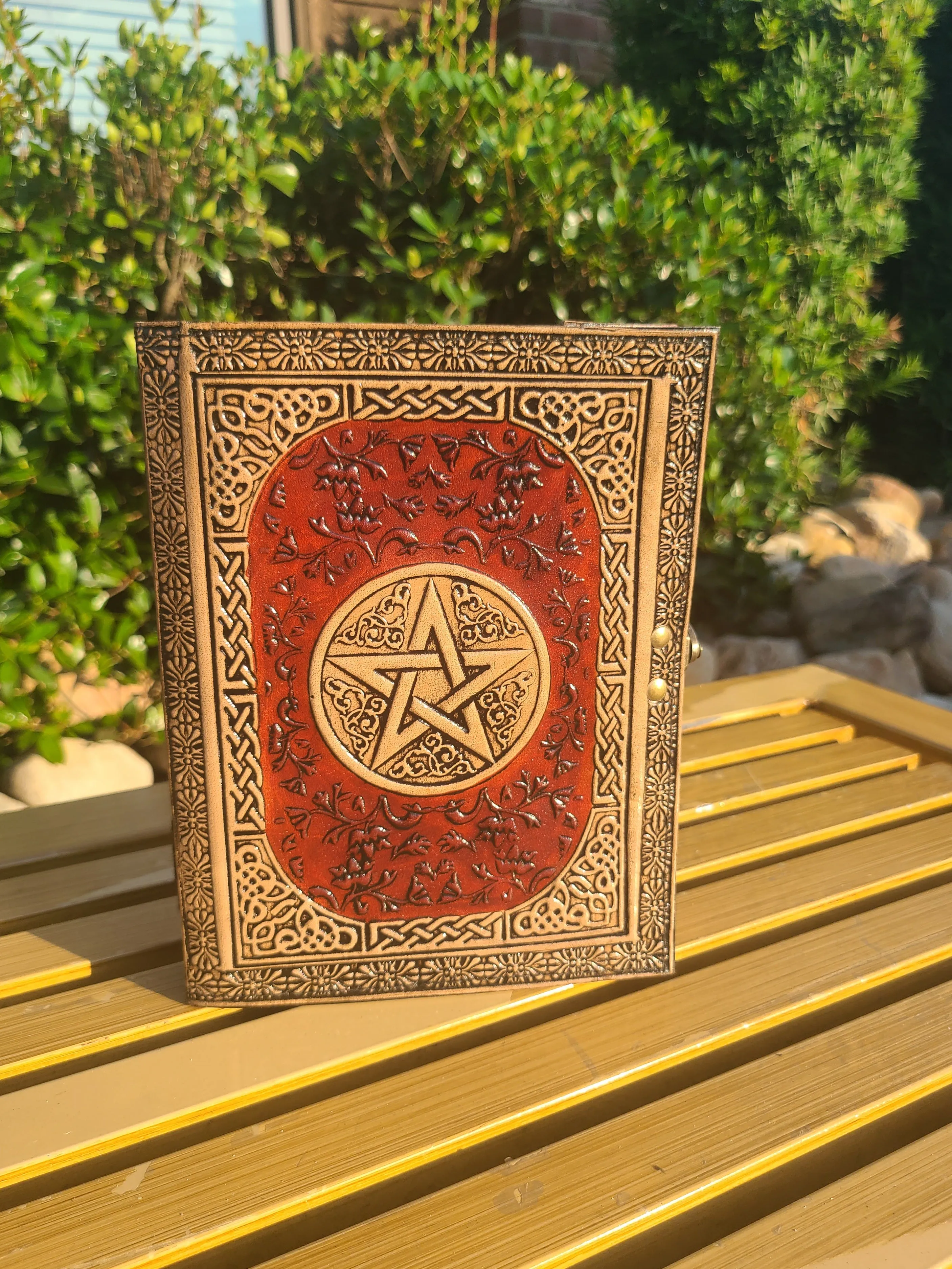 Antique Celtic Star Leather Journal - Red and Tan