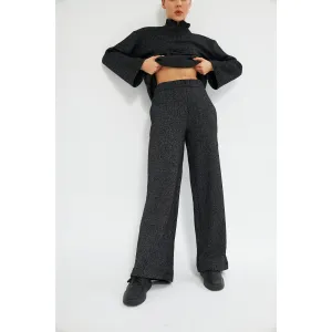 Black Melange Wide Leg Trouser