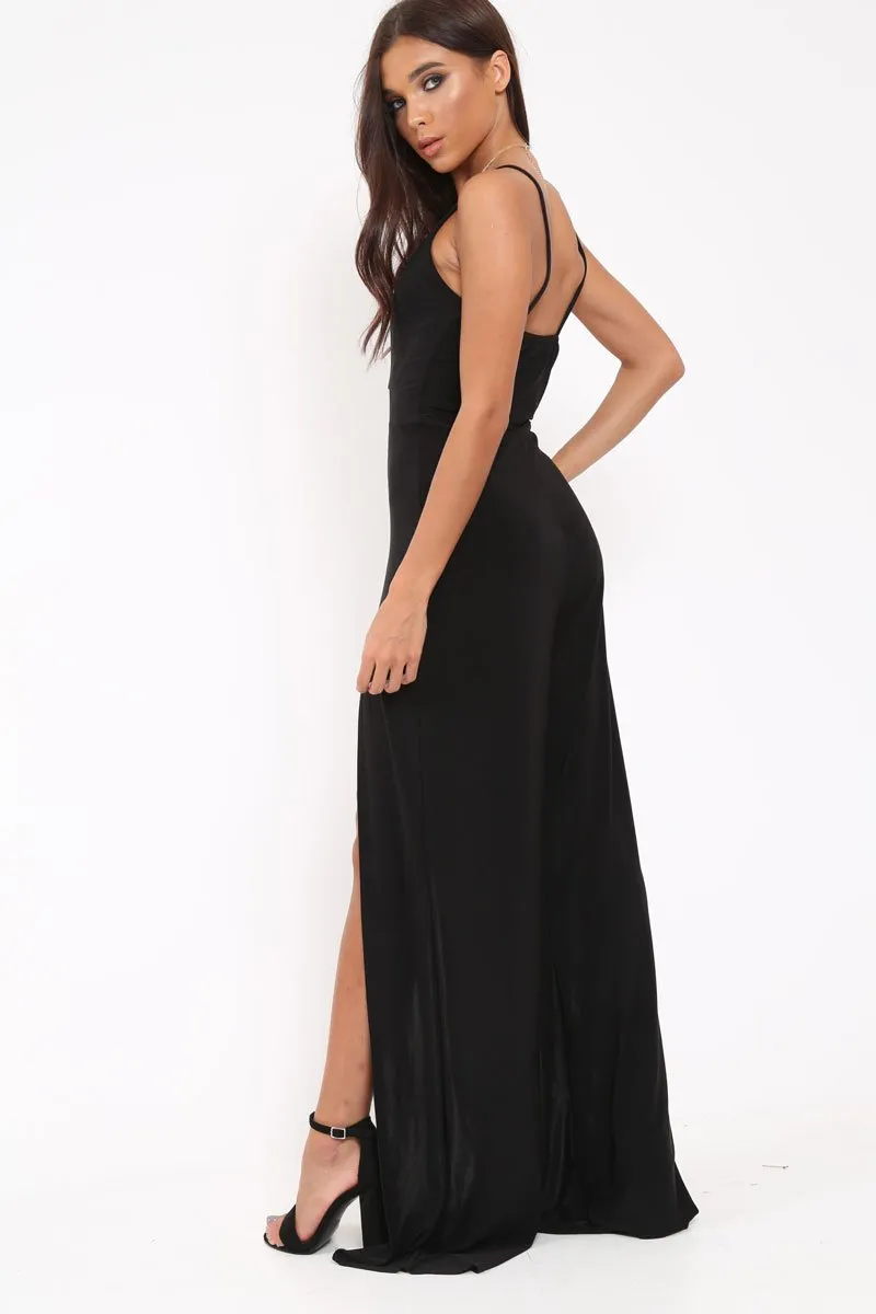 Black Slinky Plunge Front split leg Jumpsuit - Rutha