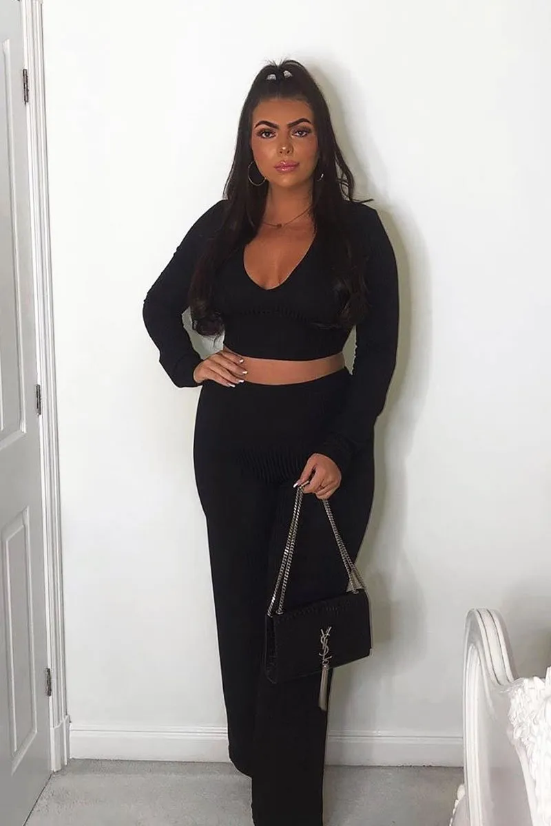 Black Wide Leg Ribbed Plunge Neck Co-ord - Brooke