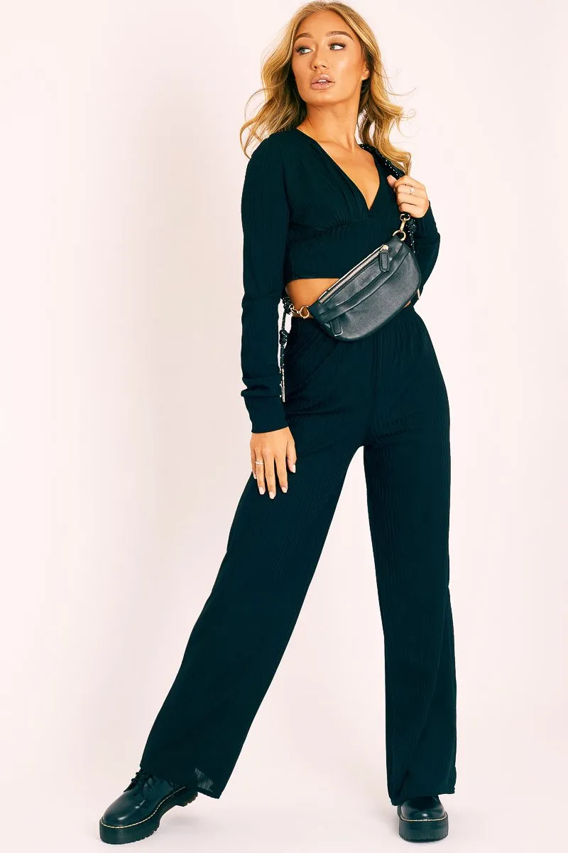 Black Wide Leg Ribbed Plunge Neck Co-ord - Brooke