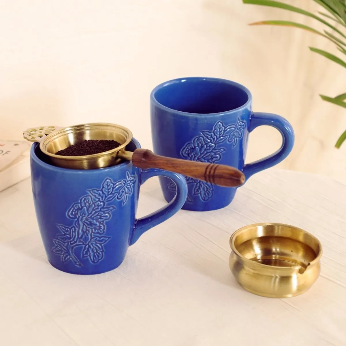 Blue Ceramic Luxury Coffee & Tea Mugs Set Of 2 with Brass & Wood Tea Strainer & Bowl | Rakshabandhan Gift | Handmade in India