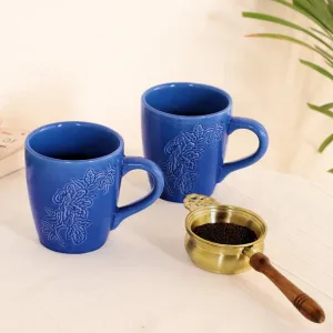 Blue Ceramic Luxury Coffee & Tea Mugs Set Of 2 with Brass & Wood Tea Strainer & Bowl | Rakshabandhan Gift | Handmade in India