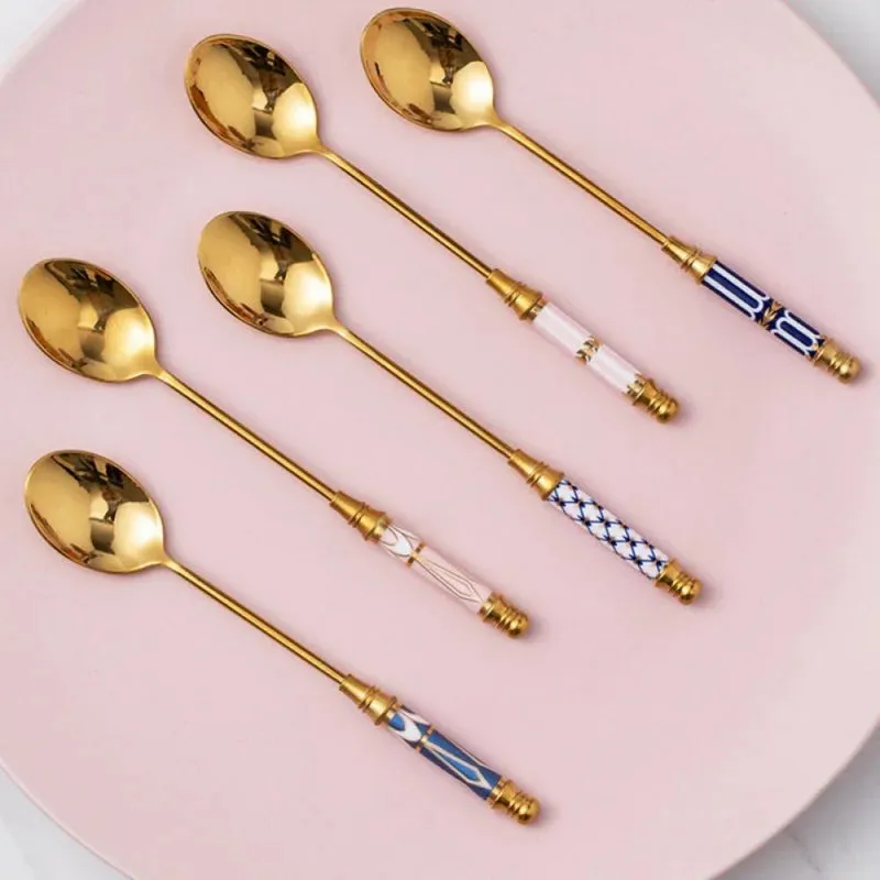 Bone China & Brass Spoon - Blue Check