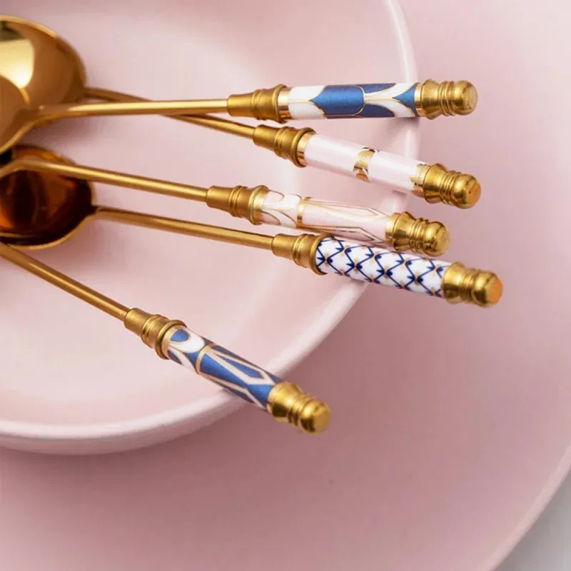 Bone China & Brass Spoon - Blue Check