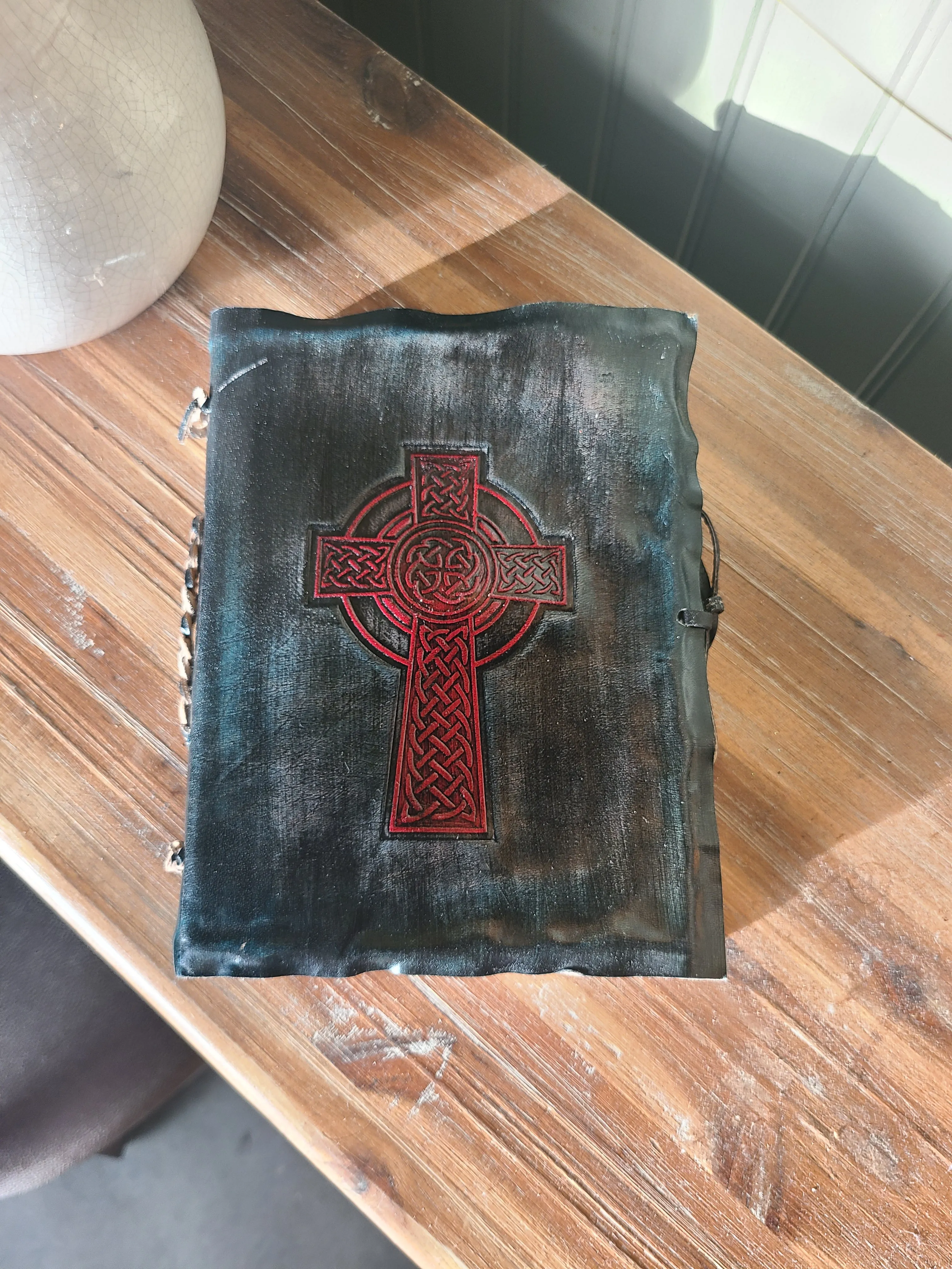 Celtic Cross Leather Writing Journal - Black and Red