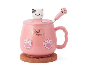 Ceramic Cat Mug with Lid and Spoon: Pink