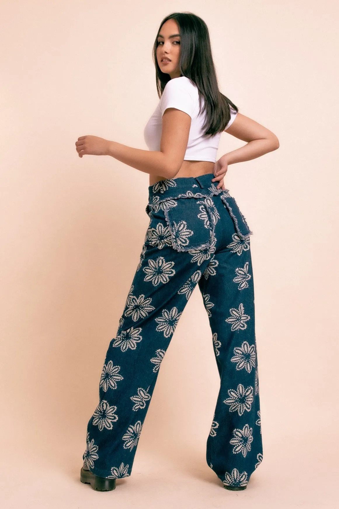 Daisy Street Wide Leg Printed Denim Jeans