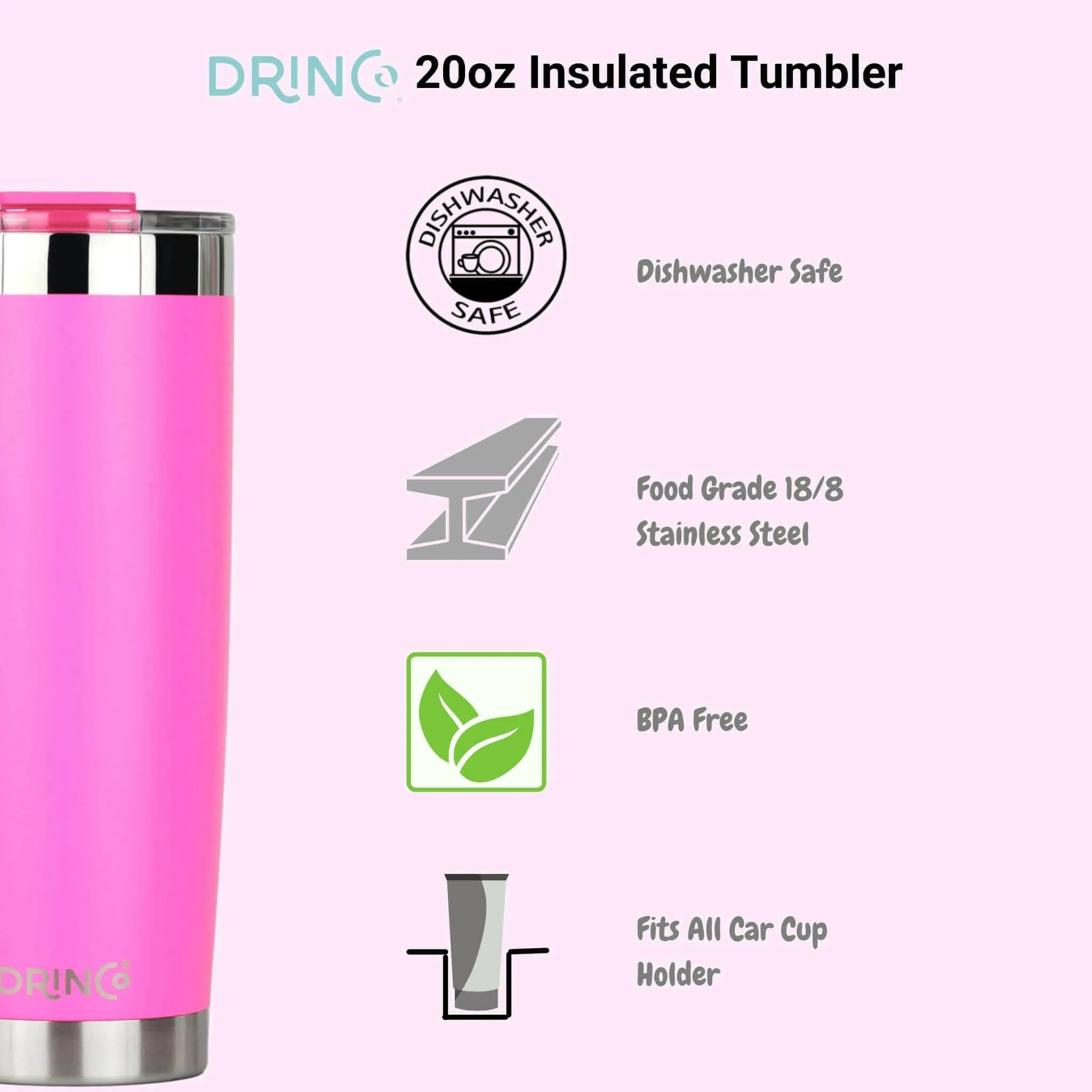 DRINCO®  20oz Insulated Tumbler Spill Proof Lid 2 Straws(Island Pink)