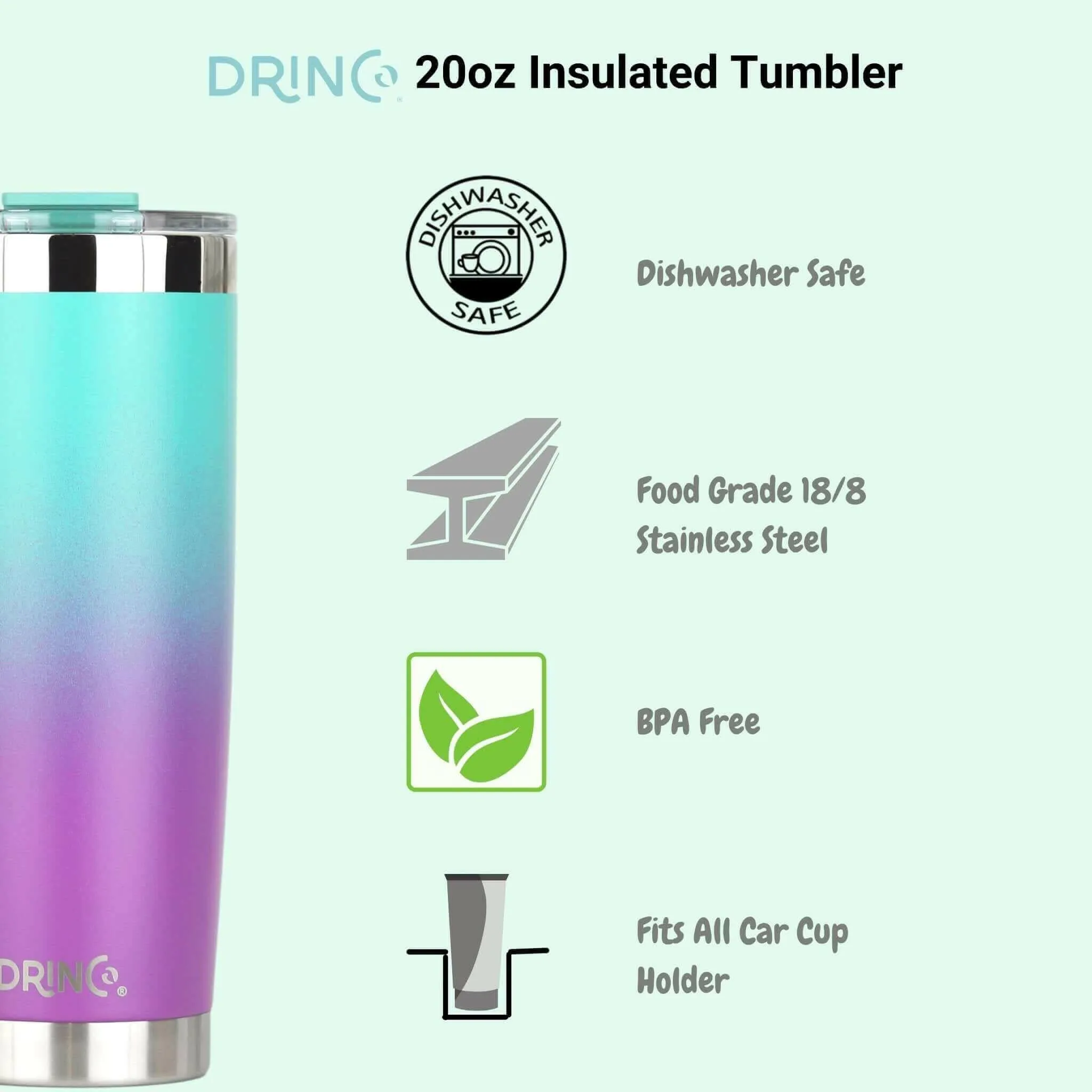 DRINCO® 20oz Insulated Tumbler Spill Proof Lid 2 Straws(Ombre Teal)