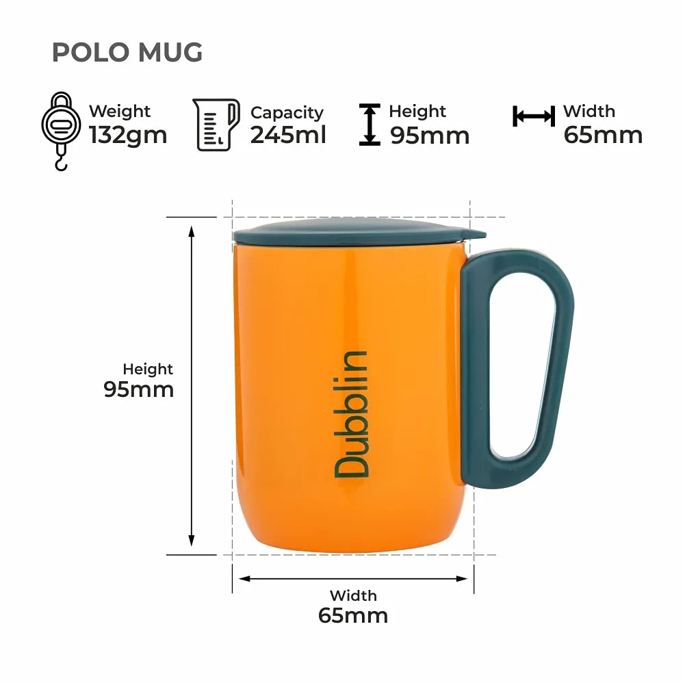 DUBBLIN Polo Stainless Steel Unbreakable Tea Coffee Mug Double Wall Insulated with Handle and Lid, Wide Mouth Mug Keeps Beverages Hot & Cold 220 ML Orange