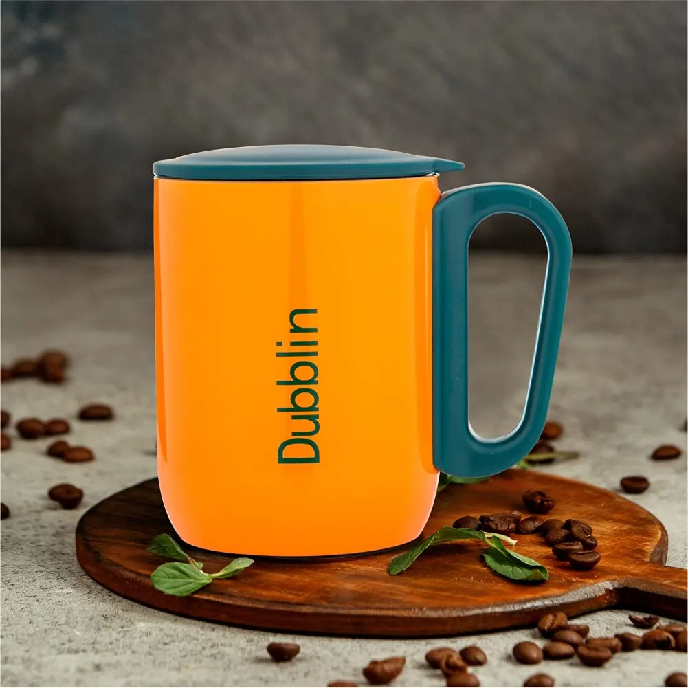 DUBBLIN Polo Stainless Steel Unbreakable Tea Coffee Mug Double Wall Insulated with Handle and Lid, Wide Mouth Mug Keeps Beverages Hot & Cold 220 ML Orange