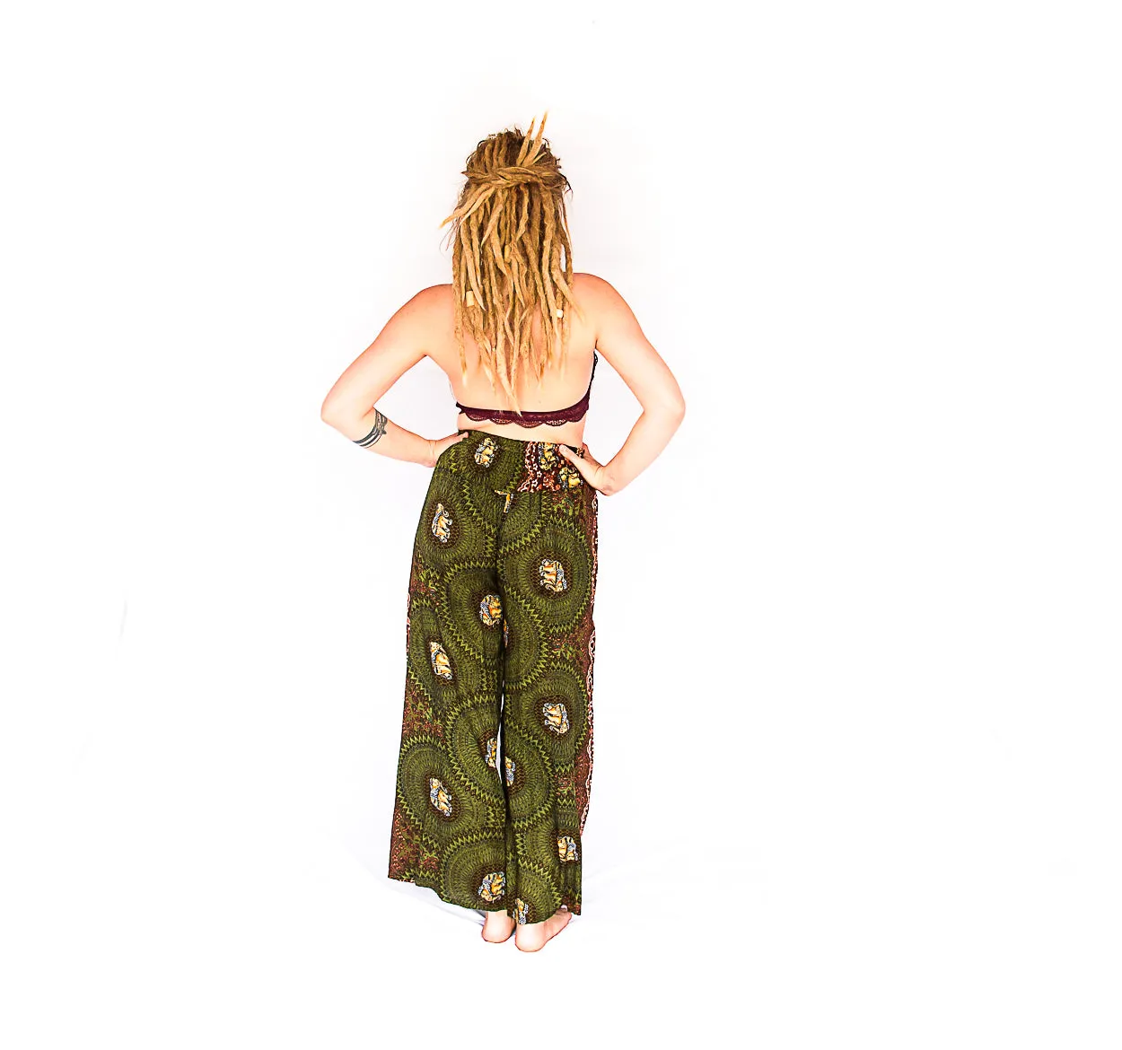 Elephant Design Open Leg Pants in Olive Green