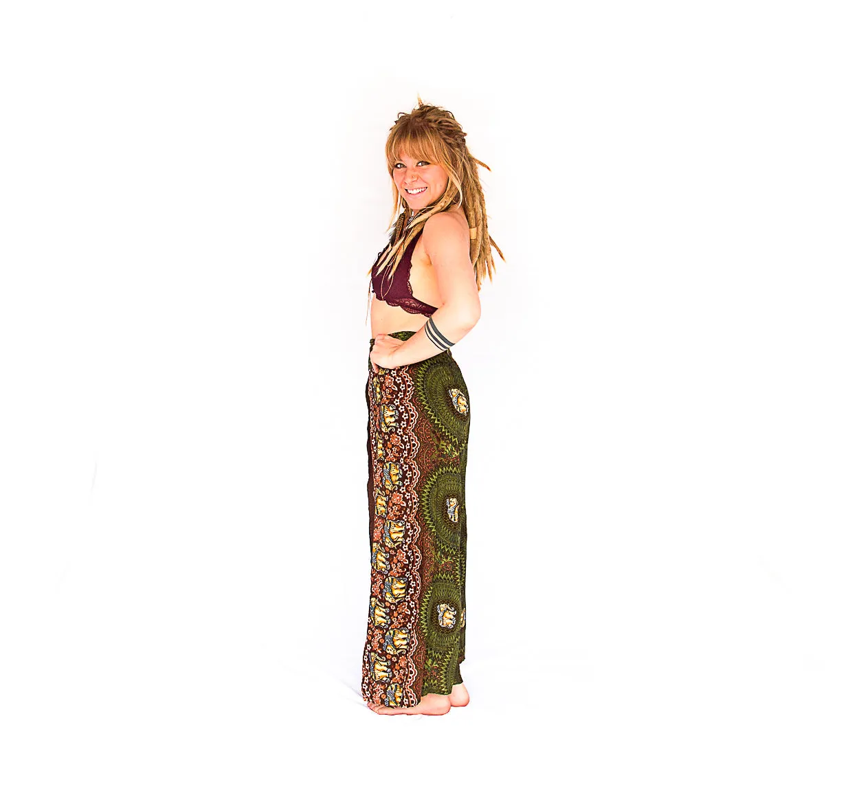 Elephant Design Open Leg Pants in Olive Green