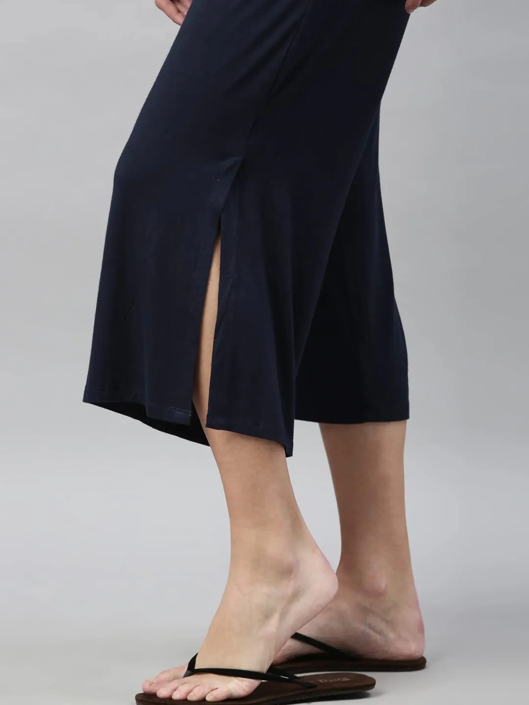 Enamor Essentials Women's Mid Rise Crop Length Soft & Drapey Stretch Viscose Culottes with Smart Side Slits - E064(E064-Navy-M)