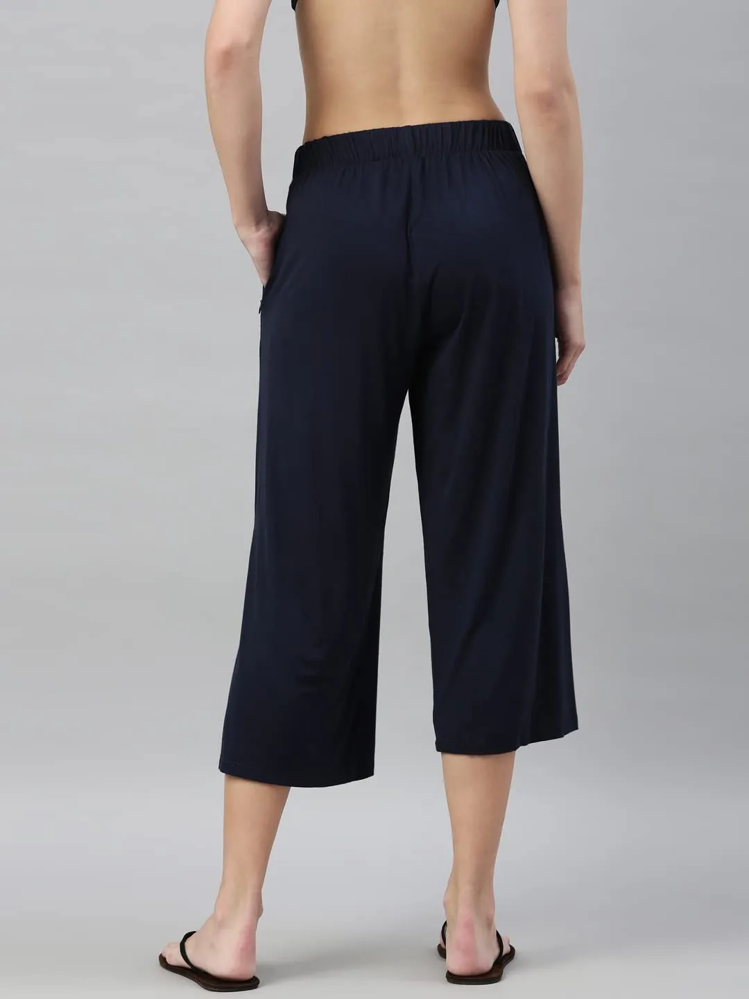 Enamor Essentials Women's Mid Rise Crop Length Soft & Drapey Stretch Viscose Culottes with Smart Side Slits - E064(E064-Navy-M)