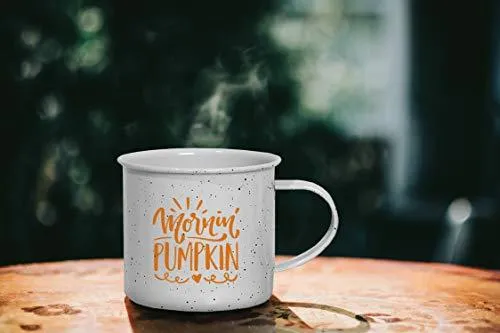 Fall Camping Coffee Mug Gift - Lightweight Enamel Coated Tin Mug, Mornin' Pumpkin (15 Ounce - White Speckled)