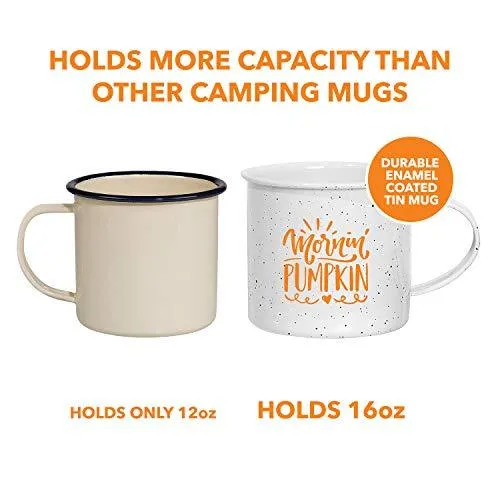 Fall Camping Coffee Mug Gift - Lightweight Enamel Coated Tin Mug, Mornin' Pumpkin (15 Ounce - White Speckled)