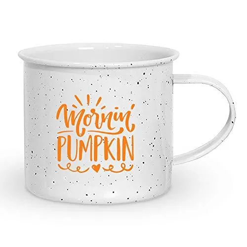 Fall Camping Coffee Mug Gift - Lightweight Enamel Coated Tin Mug, Mornin' Pumpkin (15 Ounce - White Speckled)